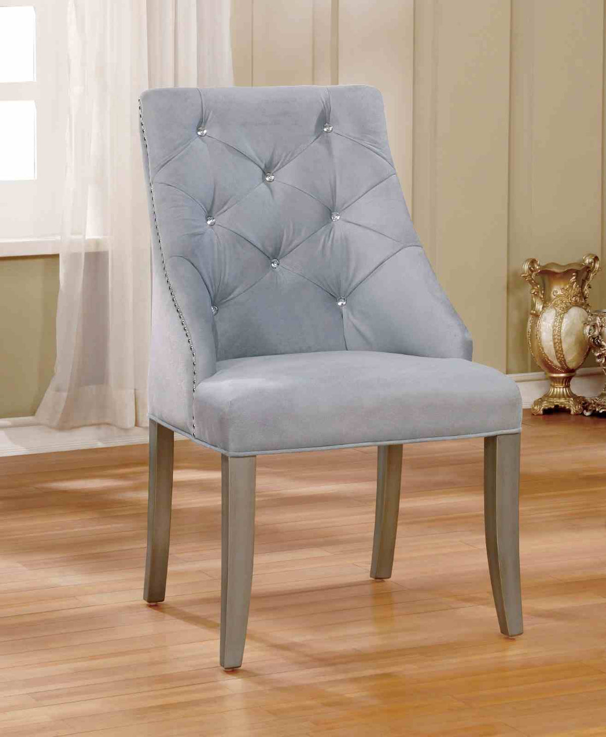 Transitional Style 2pc Side Chair Nailhead Trim Button Tufted Back Silver And Gray Finish Dining Room