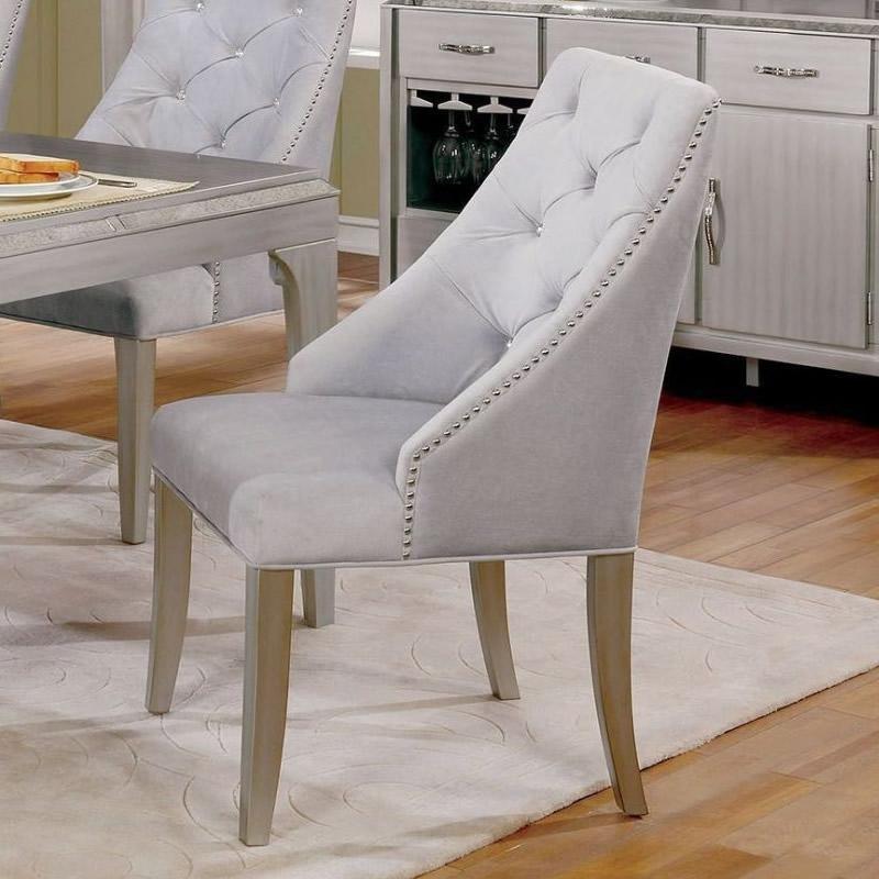 Transitional Style 2pc Side Chair Nailhead Trim Button Tufted Back Silver And Gray Finish Dining Room