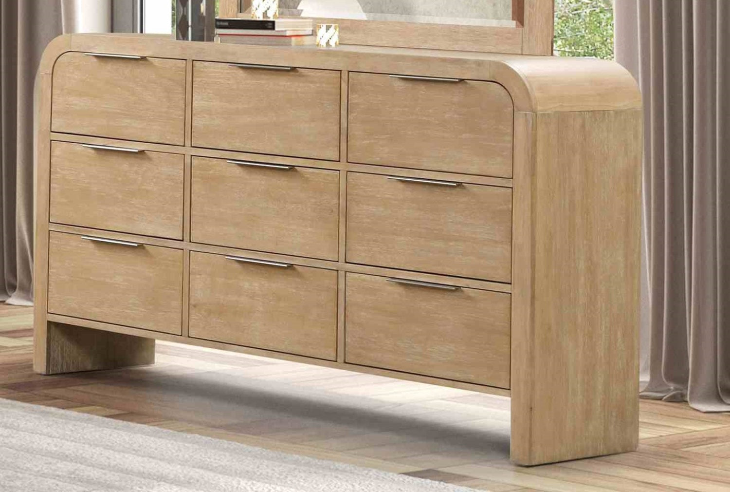 Contemporary Style Natural Finish 1pc Dresser Only Solid Rubber wood Bedroom Furniture 9-Drawers Metal Finger Pulls