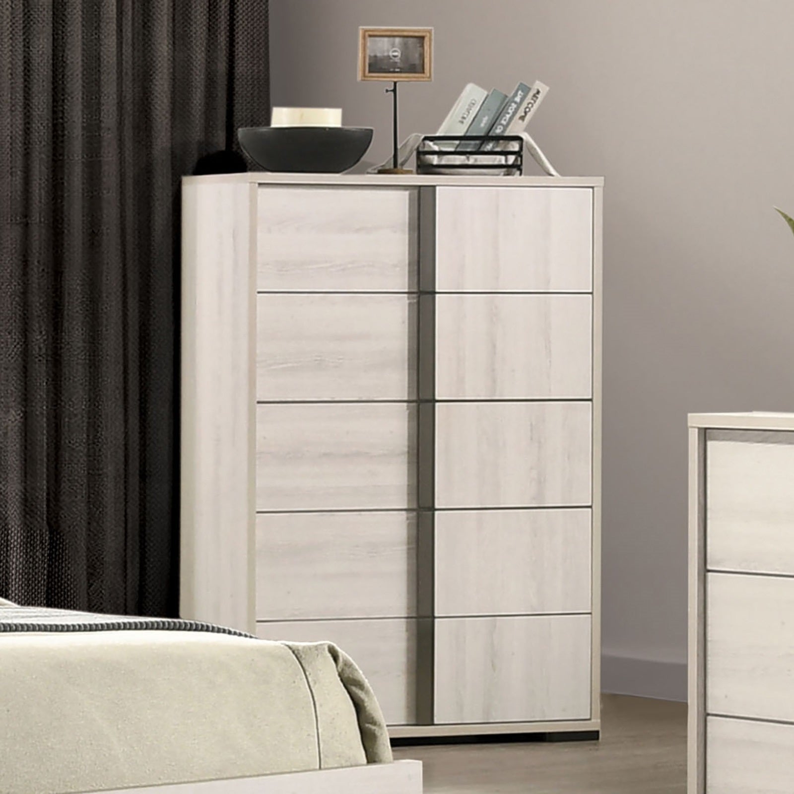 Contemporary Style Chest 1pc Vertical Chrome Handles French Dovetail Drawers Center Metal Glides White Wash Finish Bedroom Furniture