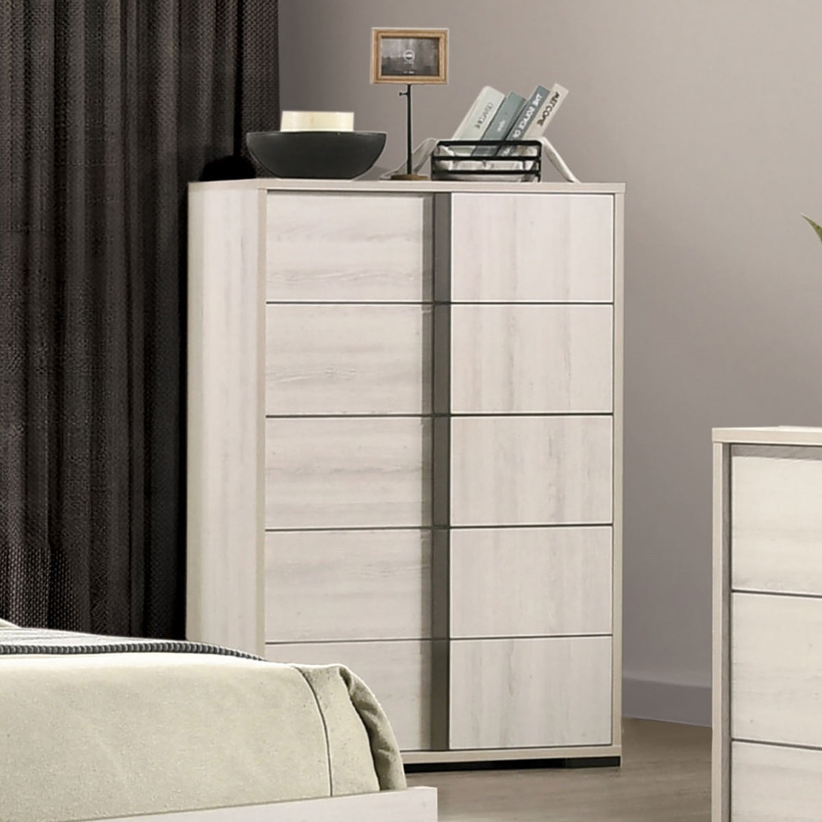 Contemporary Style Chest 1pc Vertical Chrome Handles French Dovetail Drawers Center Metal Glides White Wash Finish Bedroom Furniture