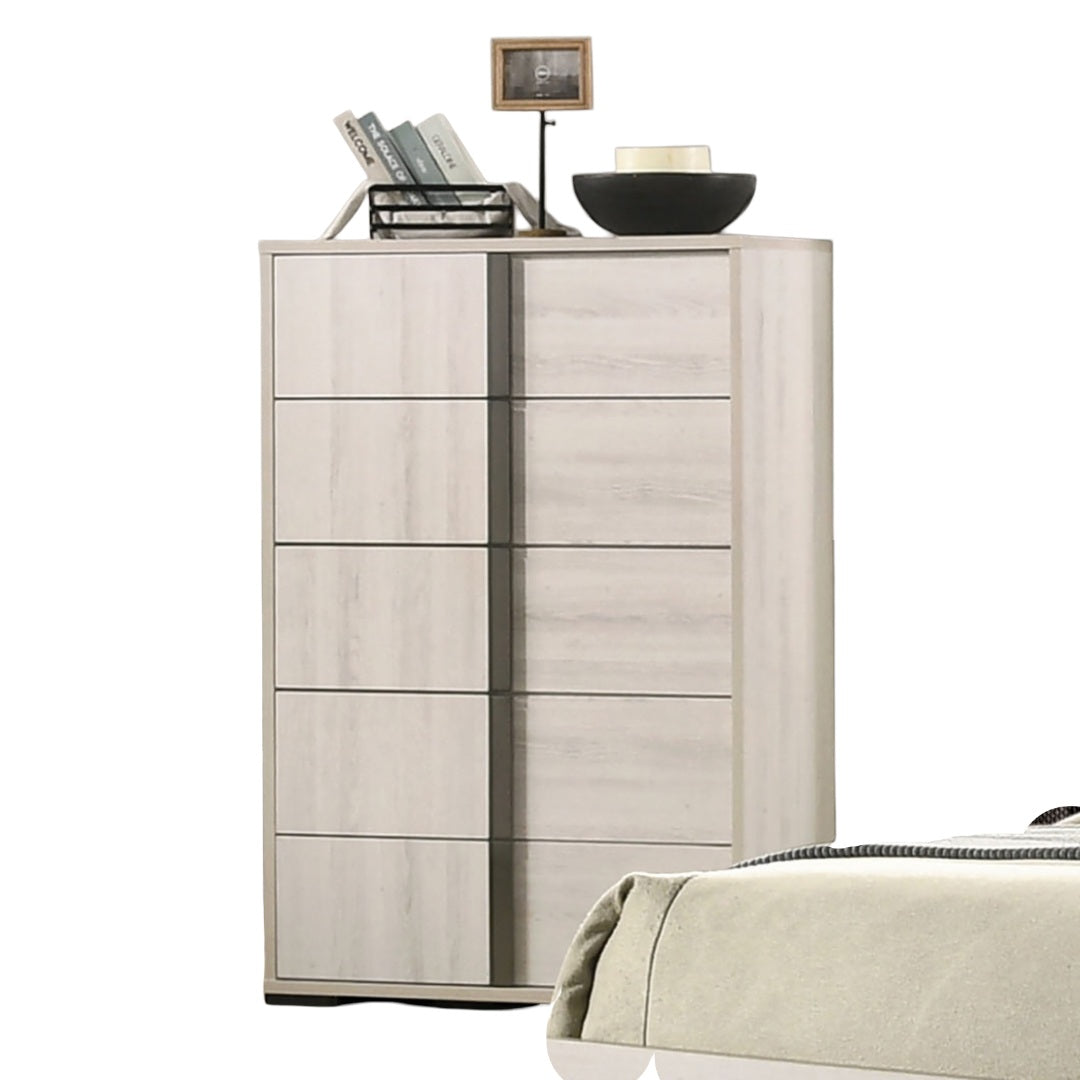 Contemporary Style Chest 1pc Vertical Chrome Handles French Dovetail Drawers Center Metal Glides White Wash Finish Bedroom Furniture