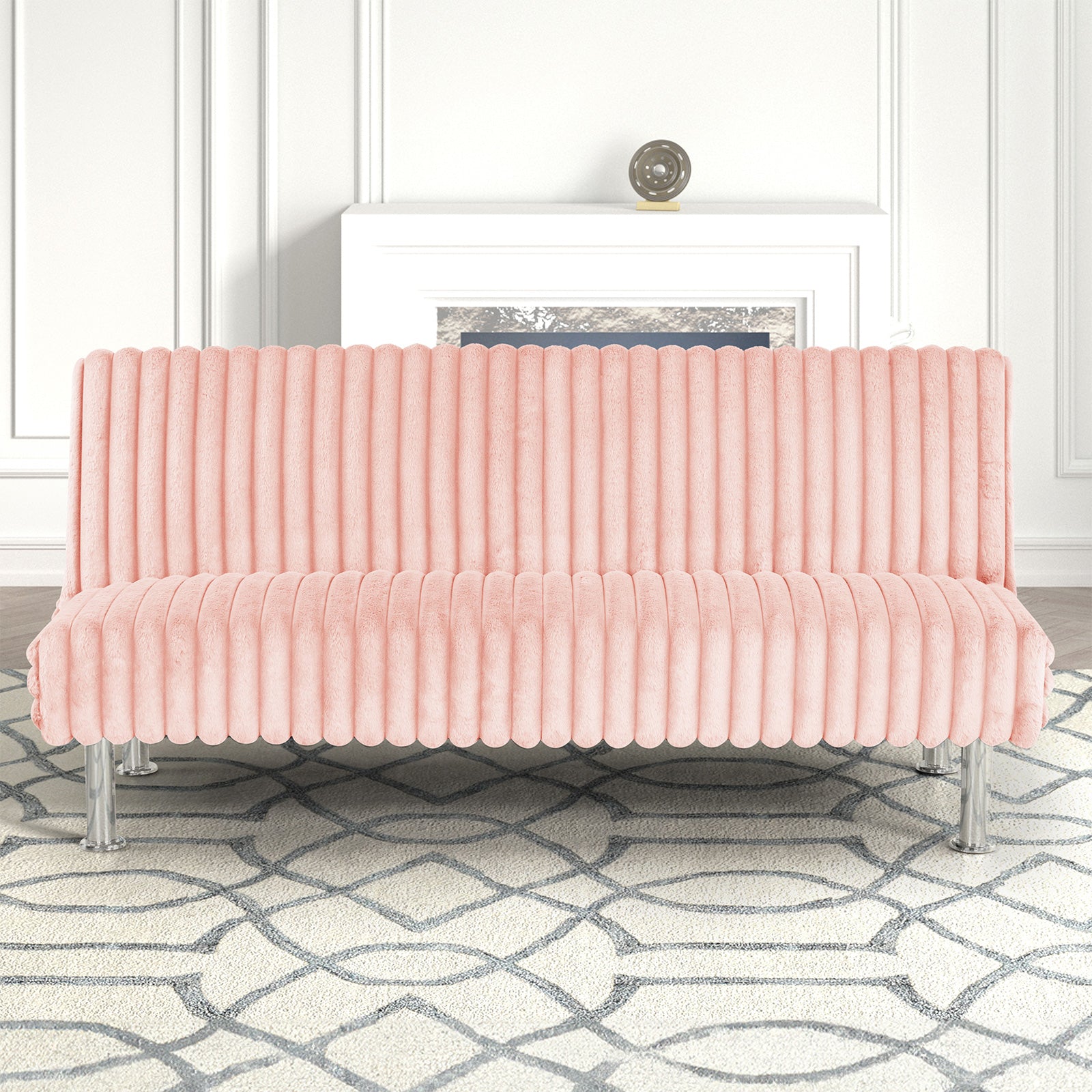 Pink Finish Futon Sofa Contemporary Style Easy Convert Into Bed With Extra Support Leg Armless Chrome Finish Base Legs