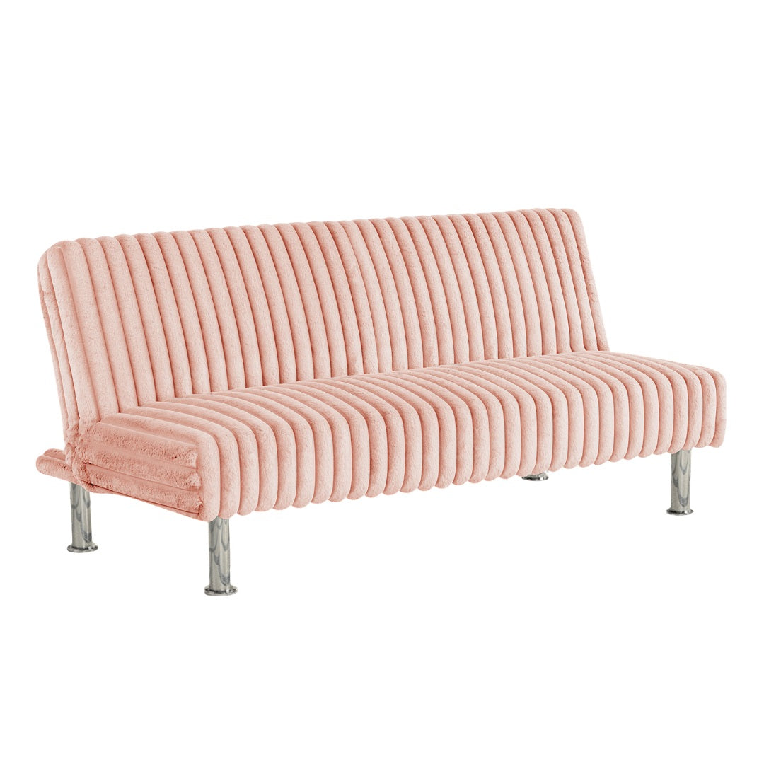 Pink Finish Futon Sofa Contemporary Style Easy Convert Into Bed With Extra Support Leg Armless Chrome Finish Base Legs