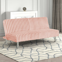 Pink Finish Futon Sofa Contemporary Style Easy Convert Into Bed With Extra Support Leg Armless Chrome Finish Base Legs