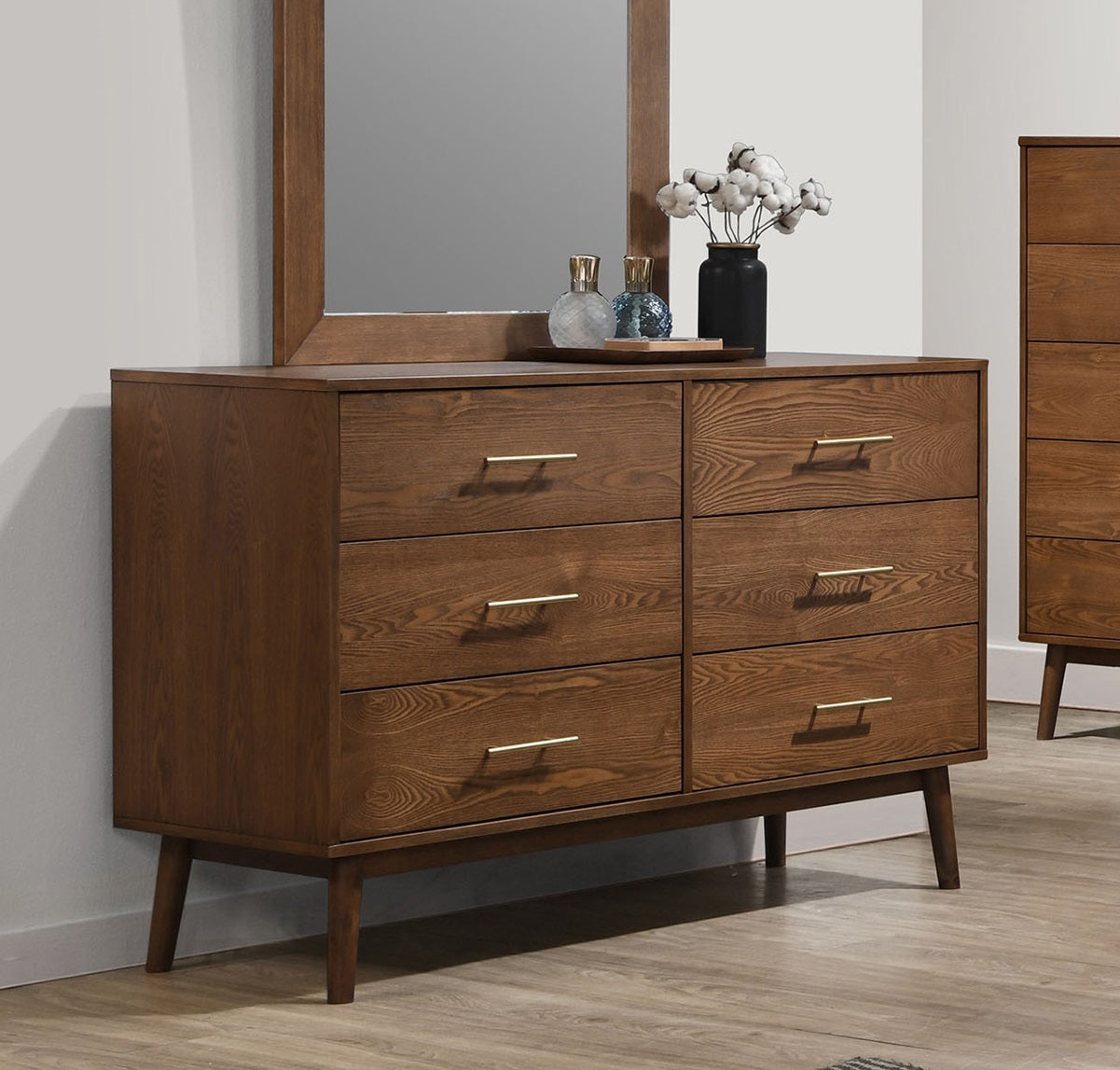 Walnut 1pc Dresser Only Solid wood Nickle Bar Pulls 5-Drawers Storage Round Tapered Legs Bedroom Mid-Century Modern Style