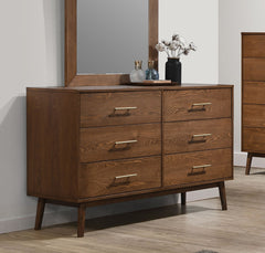 Walnut 1pc Dresser Only Solid wood Nickle Bar Pulls 5-Drawers Storage Round Tapered Legs Bedroom Mid-Century Modern Style