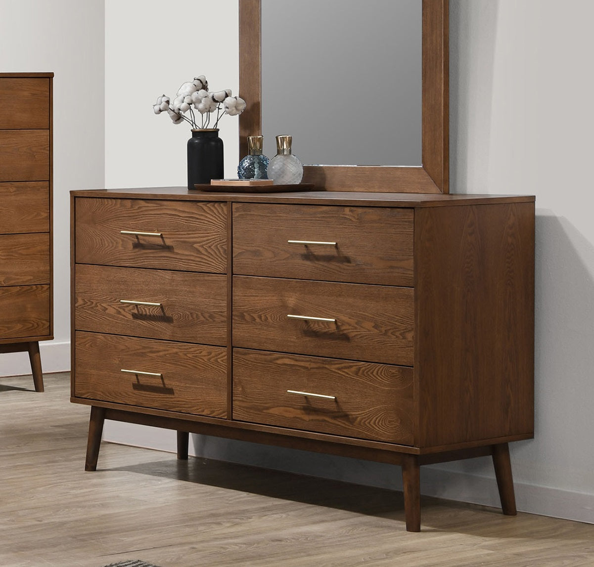 Walnut 1pc Dresser Only Solid wood Nickle Bar Pulls 5-Drawers Storage Round Tapered Legs Bedroom Mid-Century Modern Style