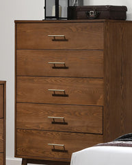 Walnut 1pc Chest of Drawers Solid wood Nickle Bar Pulls 5-Drawers Storage Round Tapered Legs Bedroom Modern Style