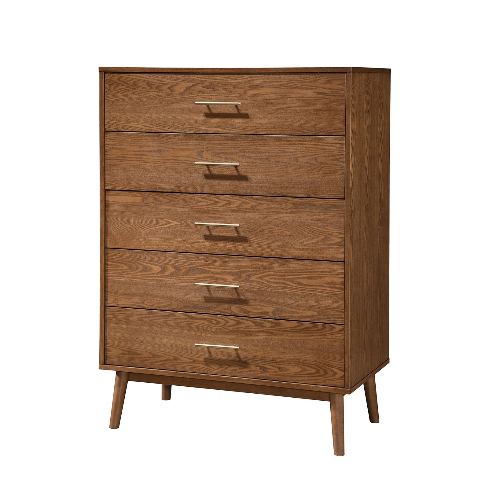 Walnut 1pc Chest of Drawers Solid wood Nickle Bar Pulls 5-Drawers Storage Round Tapered Legs Bedroom Modern Style