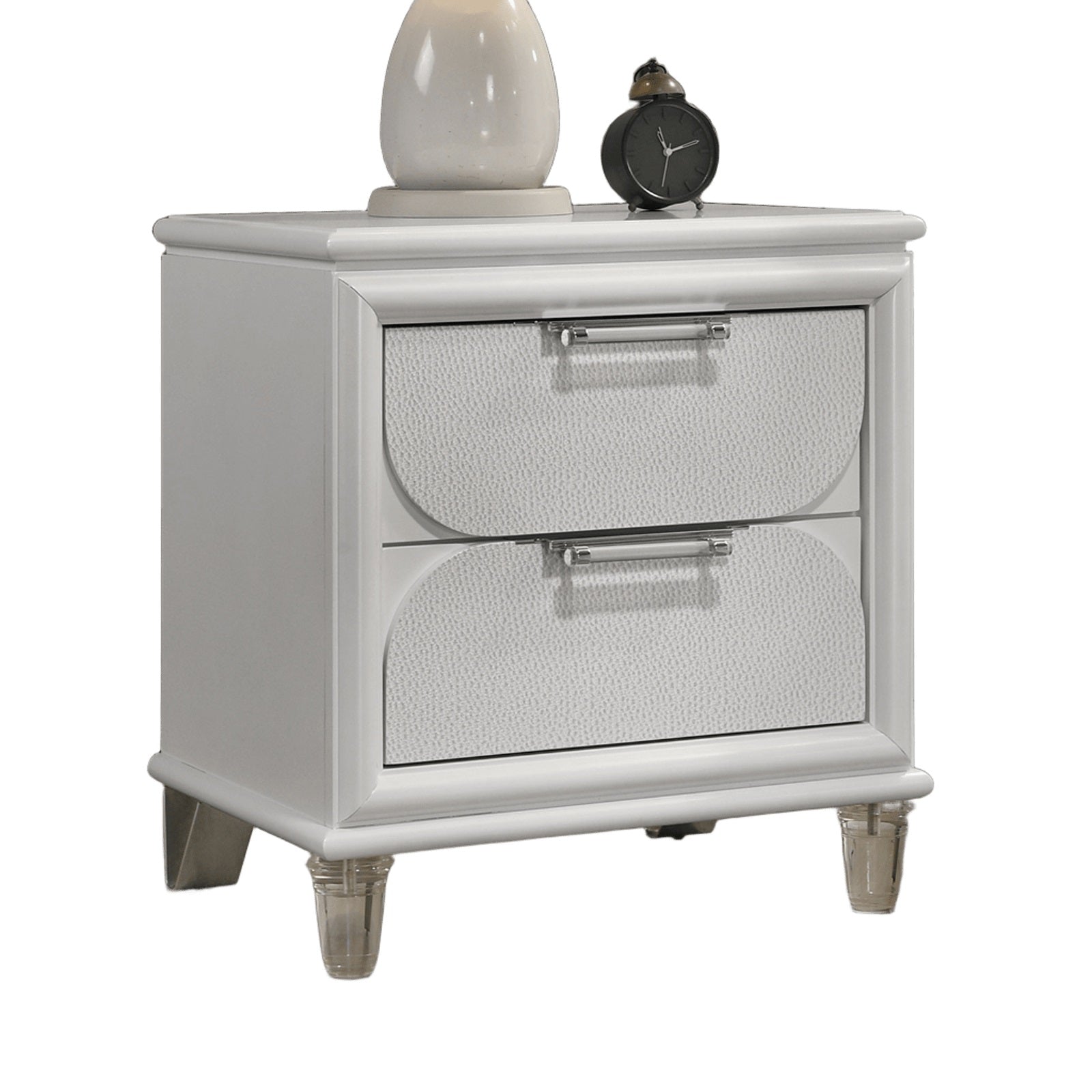 Contemporary Pearl White 1pc Nightstand Acrylic Handles Embossed Panels English Dovetails 2-Drawers Bedside Table