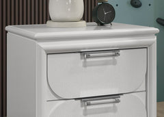 Contemporary Pearl White 1pc Nightstand Acrylic Handles Embossed Panels English Dovetails 2-Drawers Bedside Table