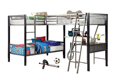Modern Triple Twin L-shaped Bunk Bed Contemporary Style Corner Design With Workstation Full Metal Construction Silver Grey And Black Silver Finish