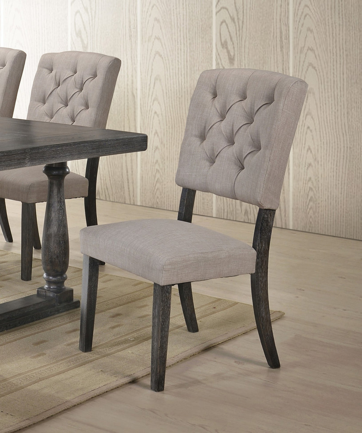 Transitional Dining Chairs Set of 2, Tufted Back Beige Fabric Upholstery Weathered Gray Oak Finish Wooden Dining Furniture