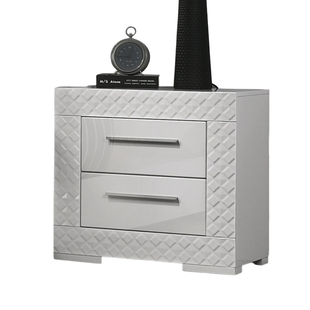 White High Gloss 1pc Nightstand Metal Side Glide 2-Drawers Bedside Table Chrome Hardware Bedroom Furniture
