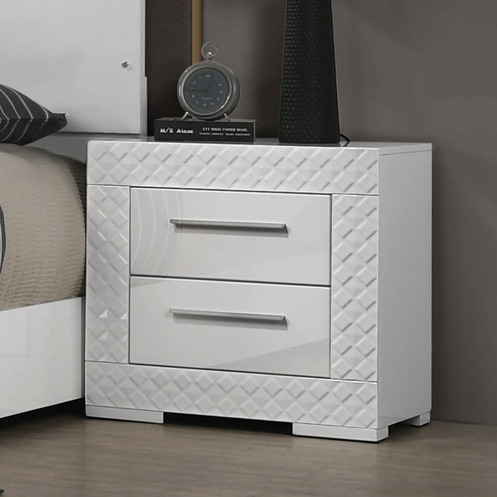 White High Gloss 1pc Nightstand Metal Side Glide 2-Drawers Bedside Table Chrome Hardware Bedroom Furniture