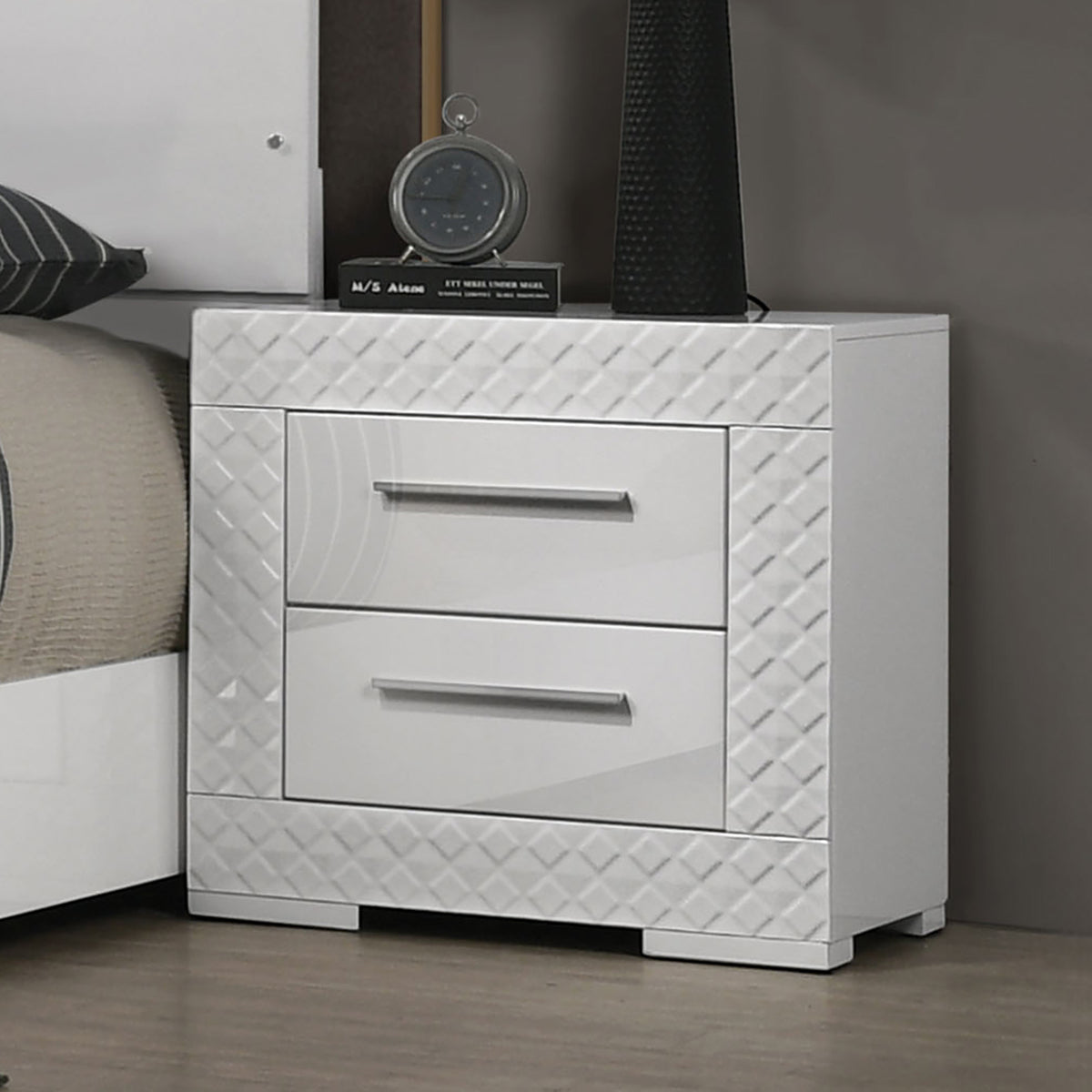 White High Gloss 1pc Nightstand Metal Side Glide 2-Drawers Bedside Table Chrome Hardware Bedroom Furniture