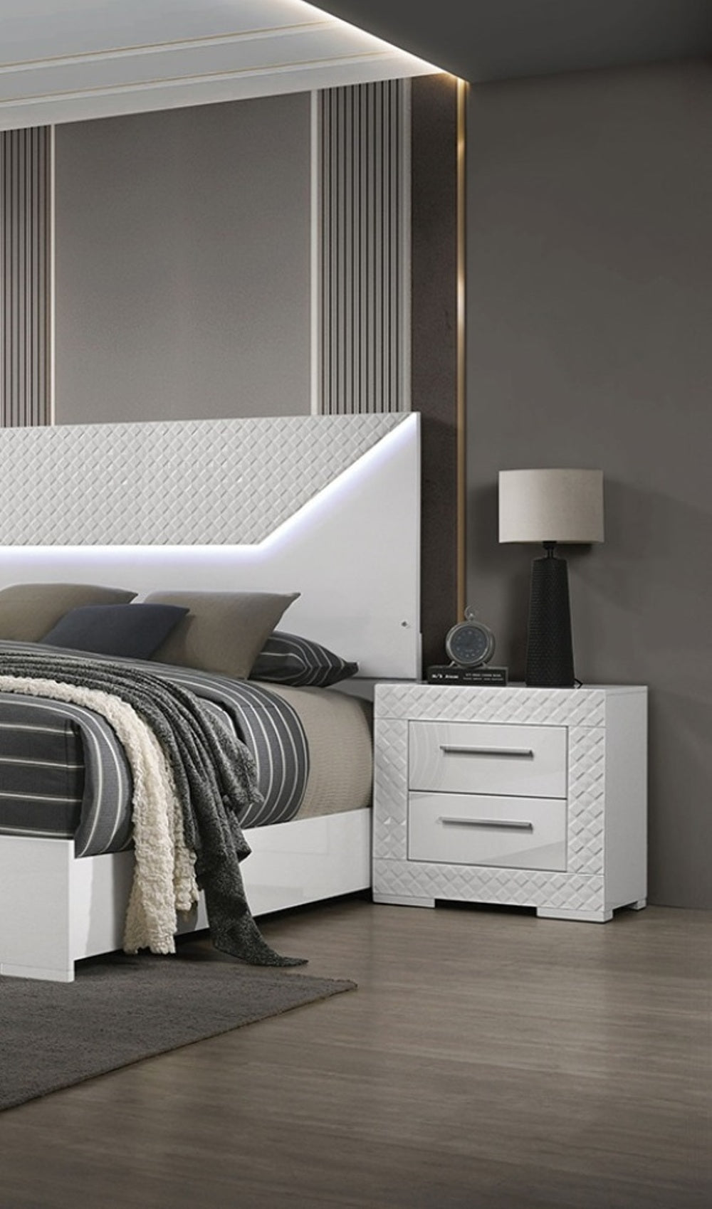 White High Gloss 1pc Nightstand Metal Side Glide 2-Drawers Bedside Table Chrome Hardware Bedroom Furniture