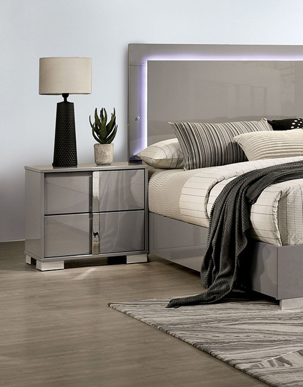 Contemporary Classic Light Taupe Bedside Table Bedroom Furniture 1pc Nightstand Chrome Legs Handles