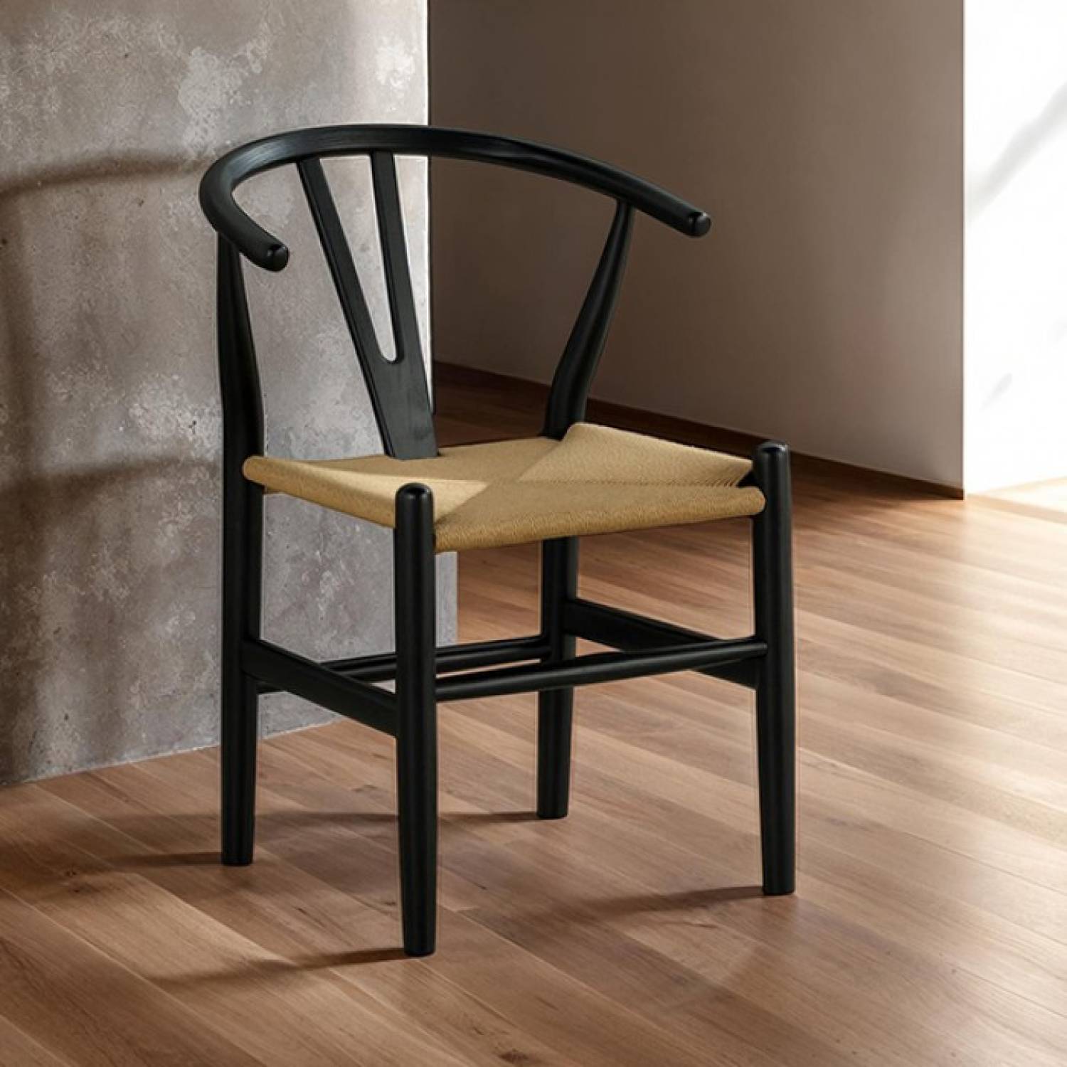 Mid-Century Modern Set of 2pc Side Chairs Rubberwood Black Curved Backrest Dining Room Furniture