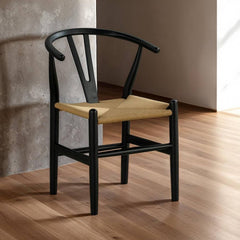 Mid-Century Modern Set of 2pc Side Chairs Rubberwood Black Curved Backrest Dining Room Furniture