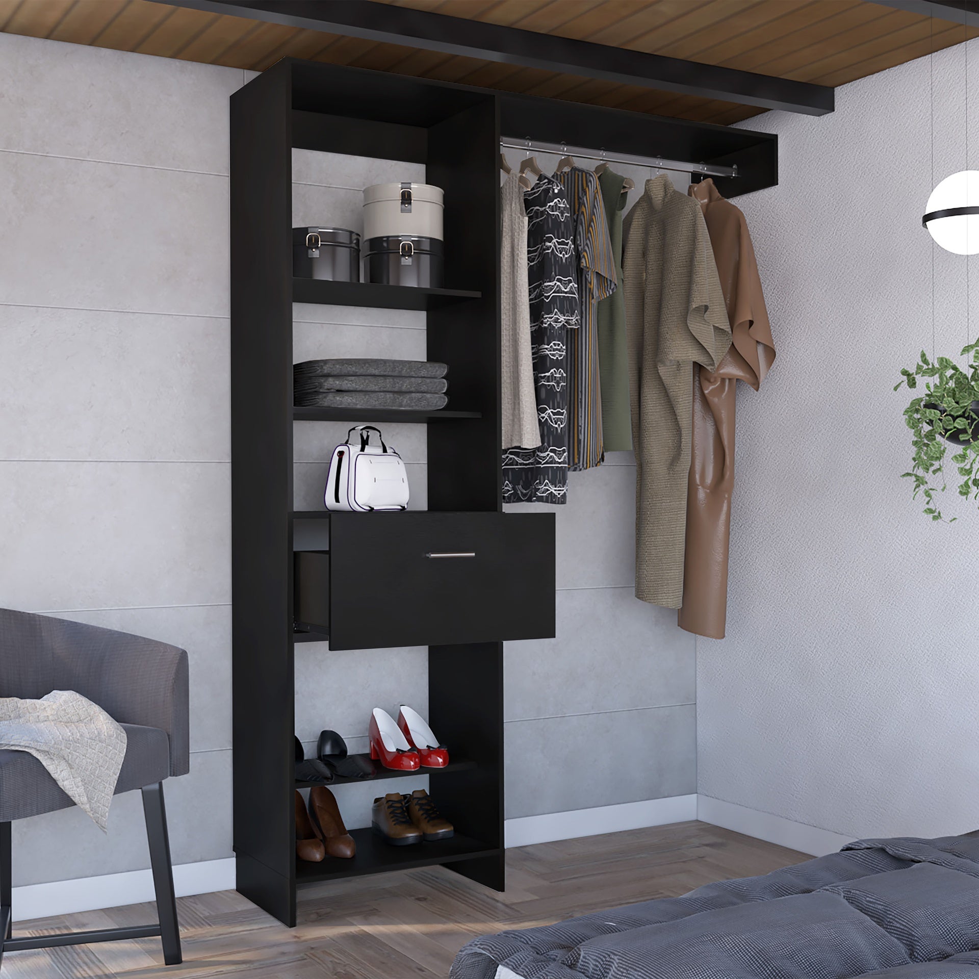 Hybrid Closet System, Five Open Shelves, One Drawer, Metal Rod