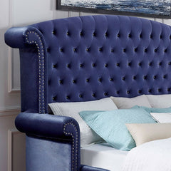 Glamorous Blue 1pc Queen Size Bed Velvet Like Fabric Tufted Wingback Headboard Bedroom Furniture
