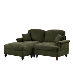 Elegant Mid Century Large Two Seater Modular L Shaped Sofa Couch with Flared Arms and Removable Ruffles Pleats Skirts and Spindle Legs, Comfy Chenille Loveseat Sofa with Movable Ottoman,Green