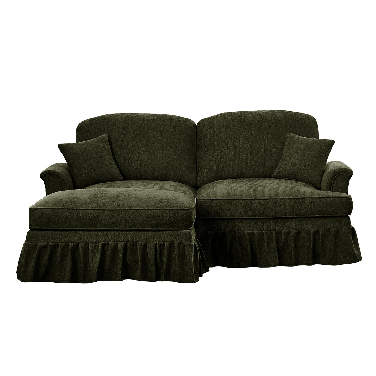 Elegant Mid Century Large Two Seater Modular L Shaped Sofa Couch with Flared Arms and Removable Ruffles Pleats Skirts and Spindle Legs, Comfy Chenille Loveseat Sofa with Movable Ottoman,Green