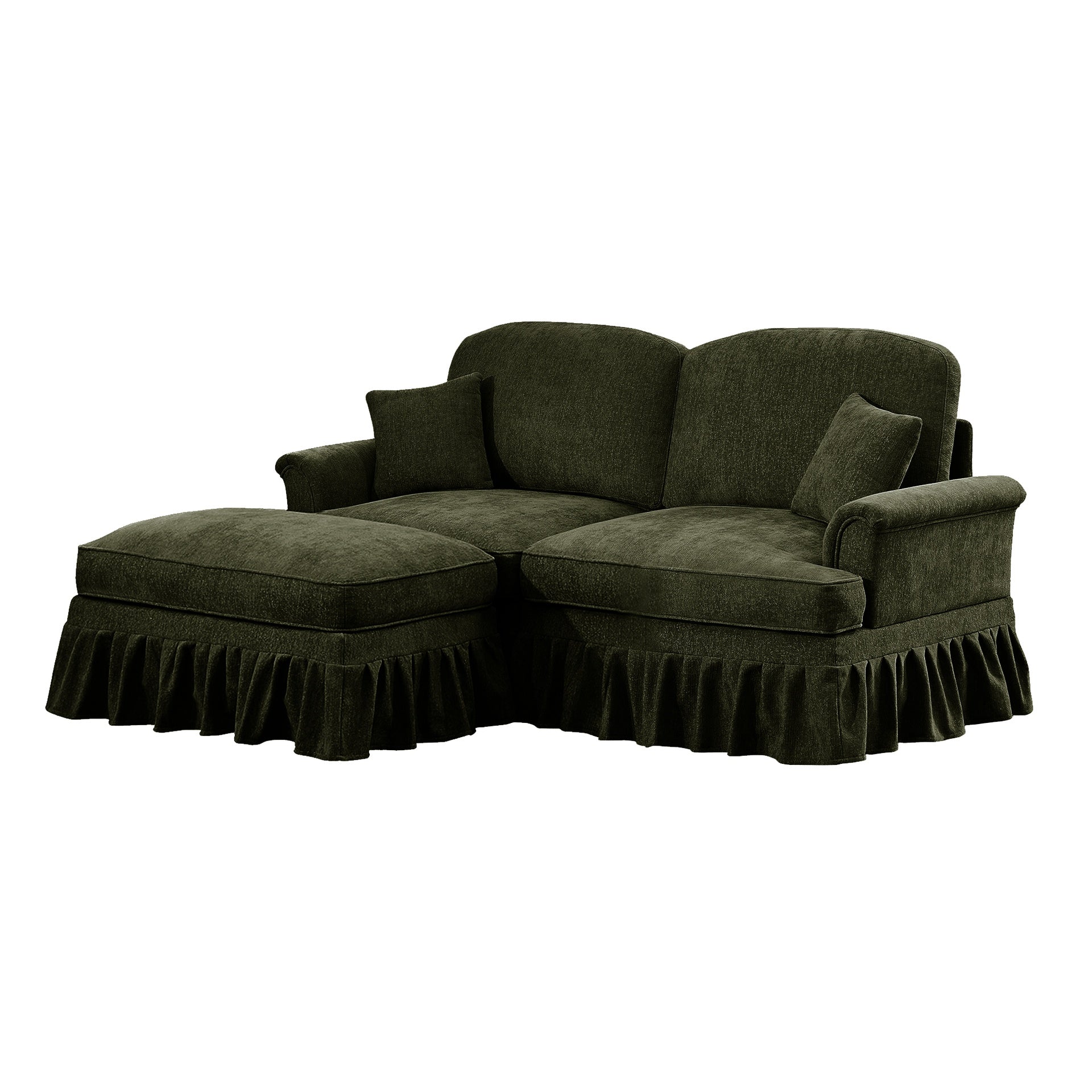 Elegant Mid Century Large Two Seater Modular L Shaped Sofa Couch with Flared Arms and Removable Ruffles Pleats Skirts and Spindle Legs, Comfy Chenille Loveseat Sofa with Movable Ottoman,Green