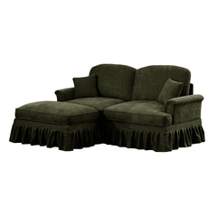 Elegant Mid Century Large Two Seater Modular L Shaped Sofa Couch with Flared Arms and Removable Ruffles Pleats Skirts and Spindle Legs, Comfy Chenille Loveseat Sofa with Movable Ottoman,Green