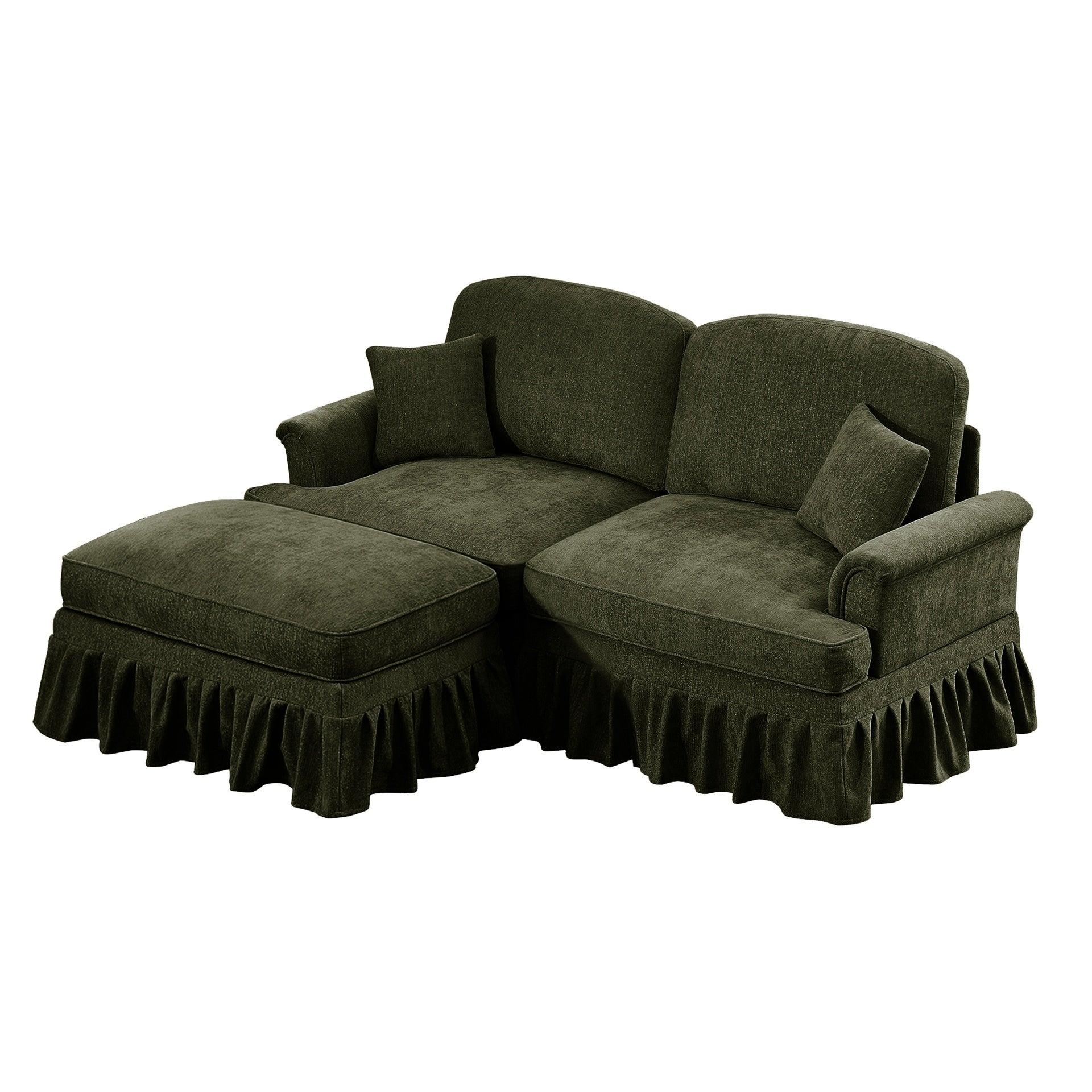 Elegant Mid Century Large Two Seater Modular L Shaped Sofa Couch with Flared Arms and Removable Ruffles Pleats Skirts and Spindle Legs, Comfy Chenille Loveseat Sofa with Movable Ottoman,Green