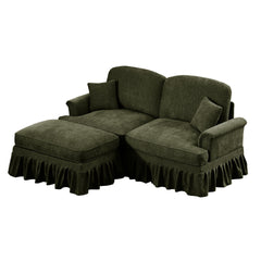 Elegant Mid Century Large Two Seater Modular L Shaped Sofa Couch with Flared Arms and Removable Ruffles Pleats Skirts and Spindle Legs, Comfy Chenille Loveseat Sofa with Movable Ottoman,Green