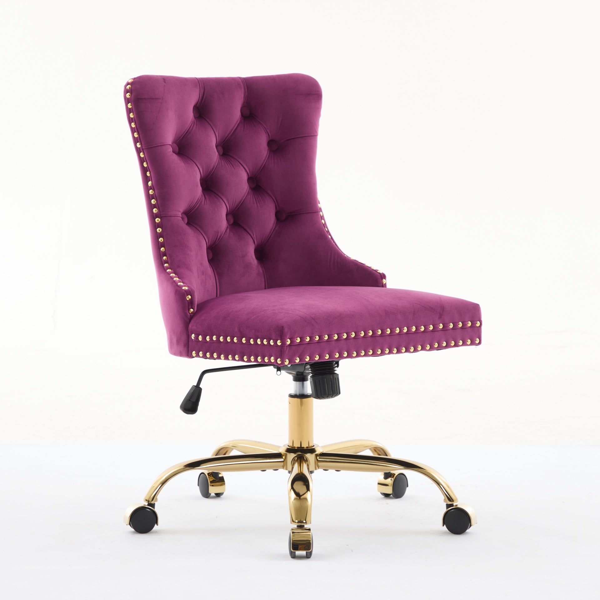 A&A Furniture Office Chair,Modern Velvet Upholstered Tufted Button Home Office Chair with Golden Metal Base,Adjustable Desk Chair Swivel Office Chair (Purple)
