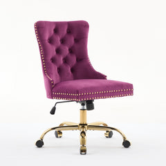 A&A Furniture Office Chair,Modern Velvet Upholstered Tufted Button Home Office Chair with Golden Metal Base,Adjustable Desk Chair Swivel Office Chair (Purple)