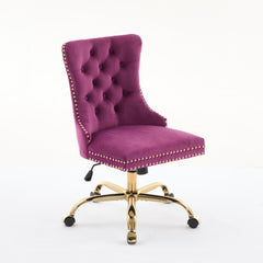 A&A Furniture Office Chair,Modern Velvet Upholstered Tufted Button Home Office Chair with Golden Metal Base,Adjustable Desk Chair Swivel Office Chair (Purple)