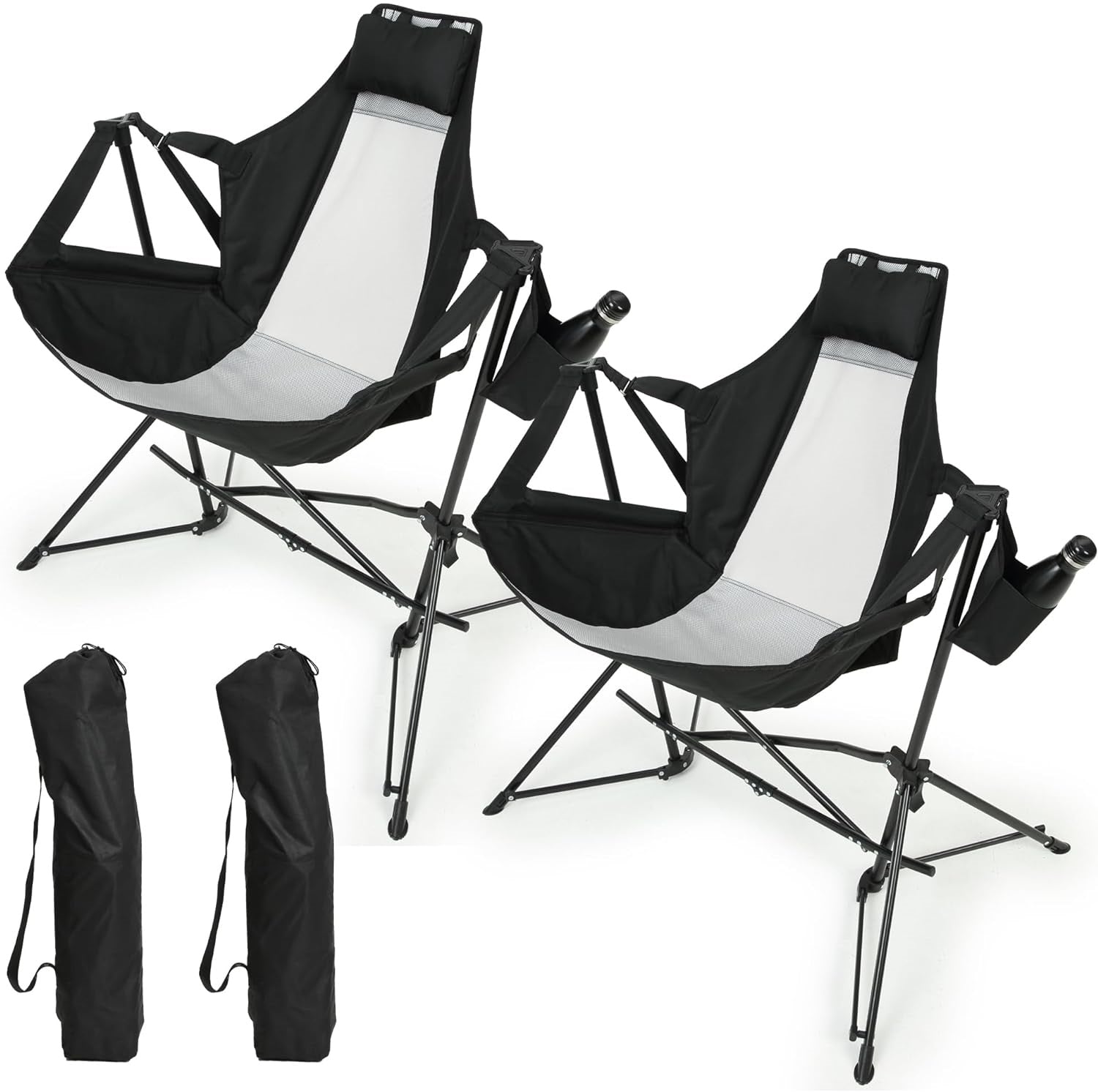 Hammock Camping Chair, Folding Portable Rocking Chair, Aluminum Alloy Adjustable Back Swinging Chair with Pillow Cup Holder, Recliner with Carry Bag for Outdoor Travel Lawn Backyard, Black  (2pcs)