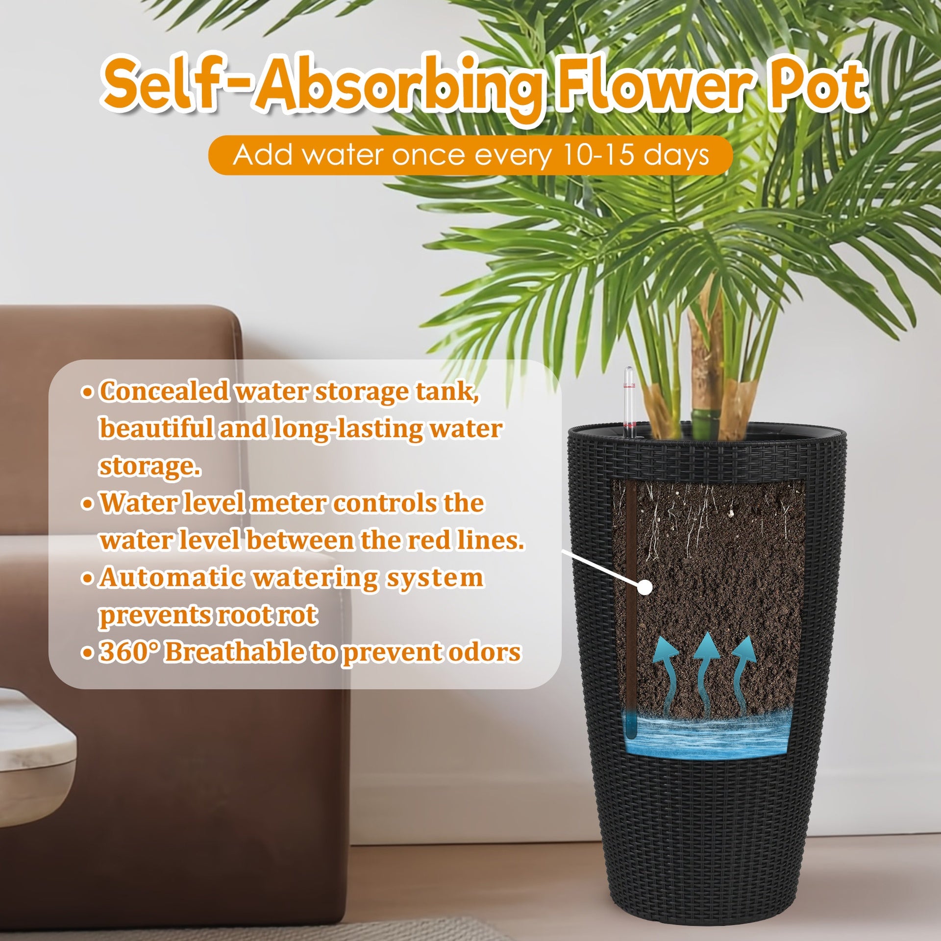 Set of 2 Faux Rattan Tall Planters Outdoor Indoor Large Planters with Water Level Monitor Inner Bucket, Automatic Watering, Flower Plant Pots for Garden, Patio, Porch, Backyard (Black, 22 inch )
