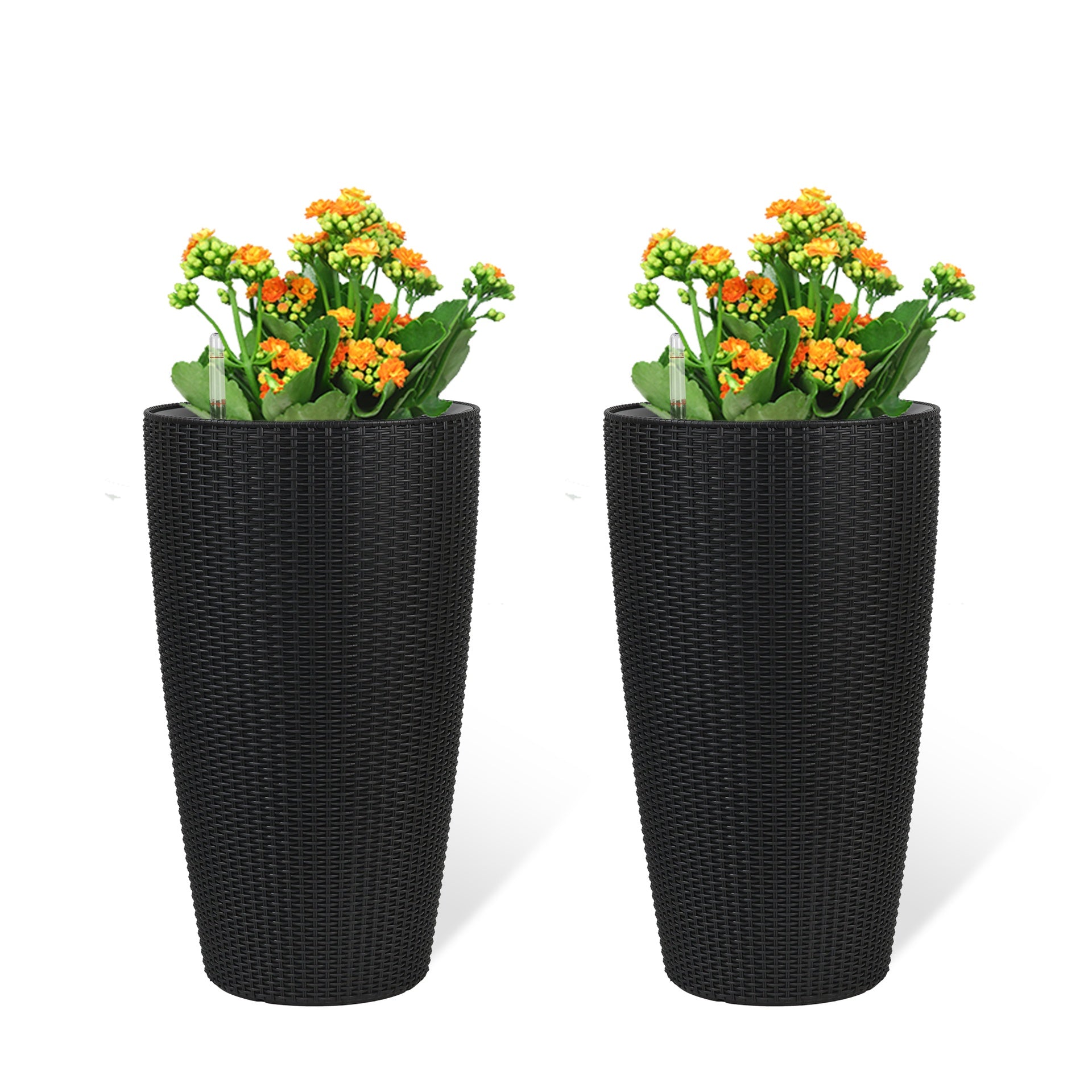 Set of 2 Faux Rattan Tall Planters Outdoor Indoor Large Planters with Water Level Monitor Inner Bucket, Automatic Watering, Flower Plant Pots for Garden, Patio, Porch, Backyard (Black, 22 inch )