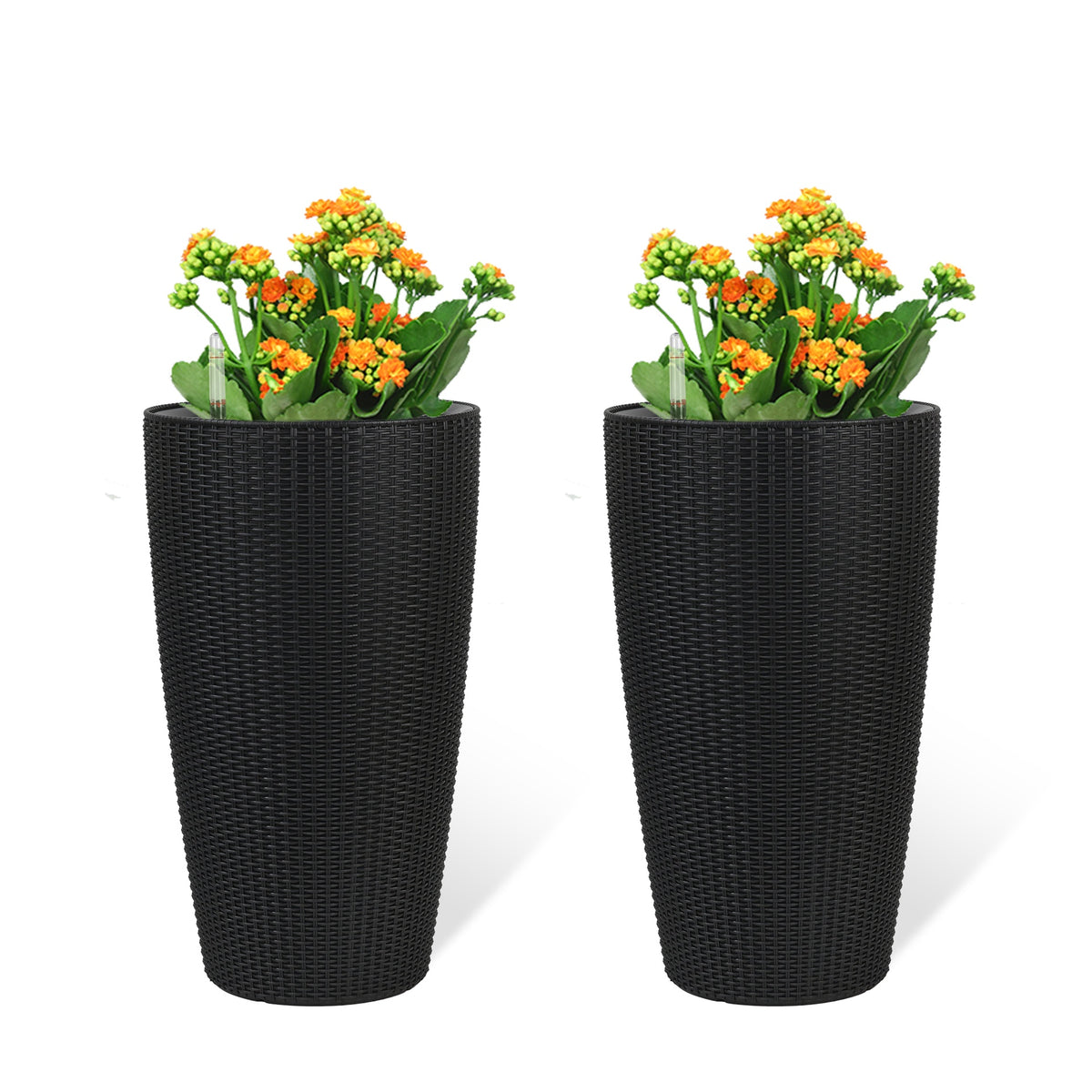 Set of 2 Faux Rattan Tall Planters Outdoor Indoor Large Planters with Water Level Monitor Inner Bucket, Automatic Watering, Flower Plant Pots for Garden, Patio, Porch, Backyard (Black, 22 inch )