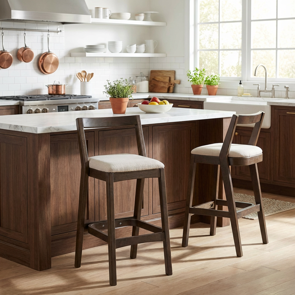 Jasper Indoor Rubberwood Barstool, Dark Brown Finished and Beige Upholstery, Set of 2