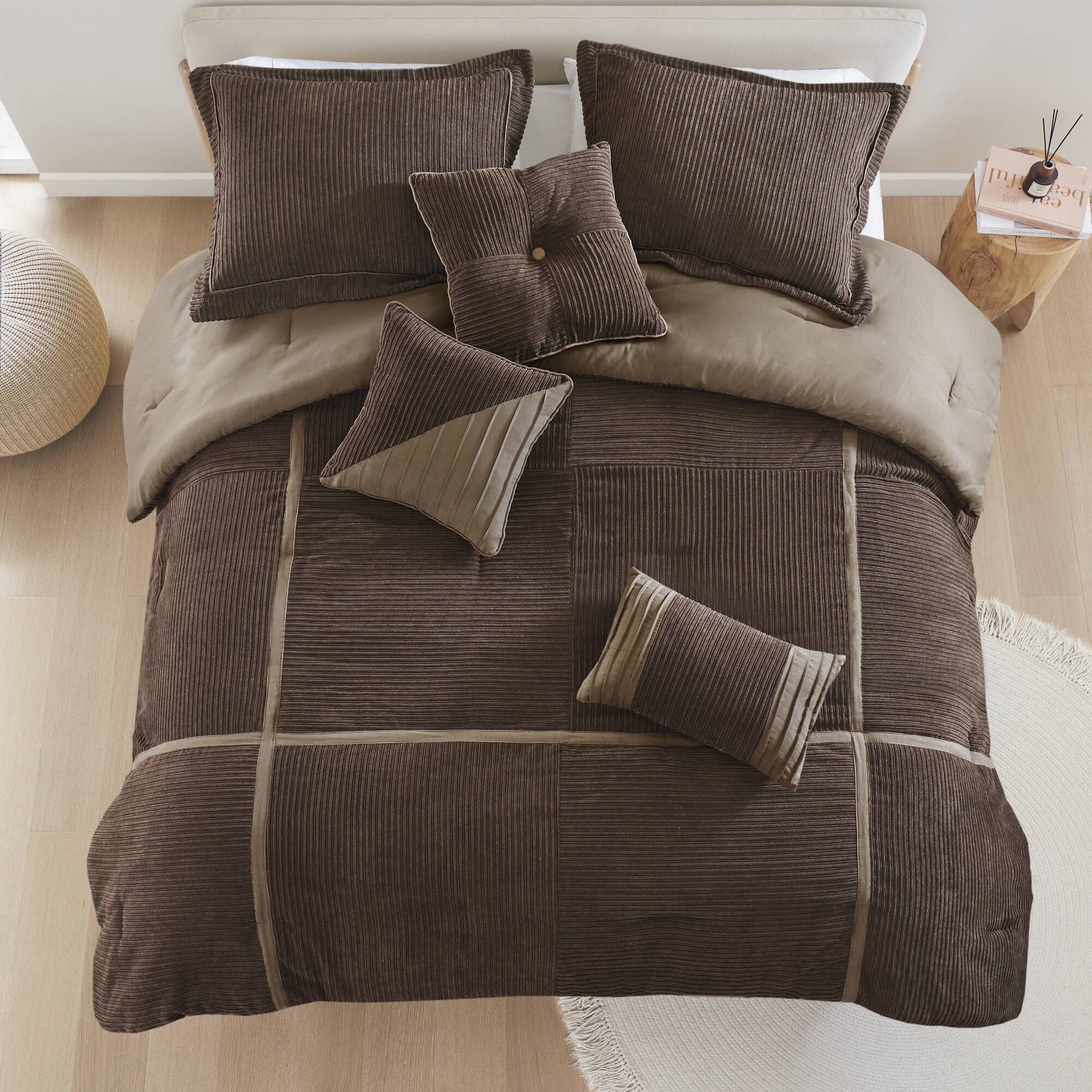 7 Piece Micro Corduroy Comforter Set Brown King