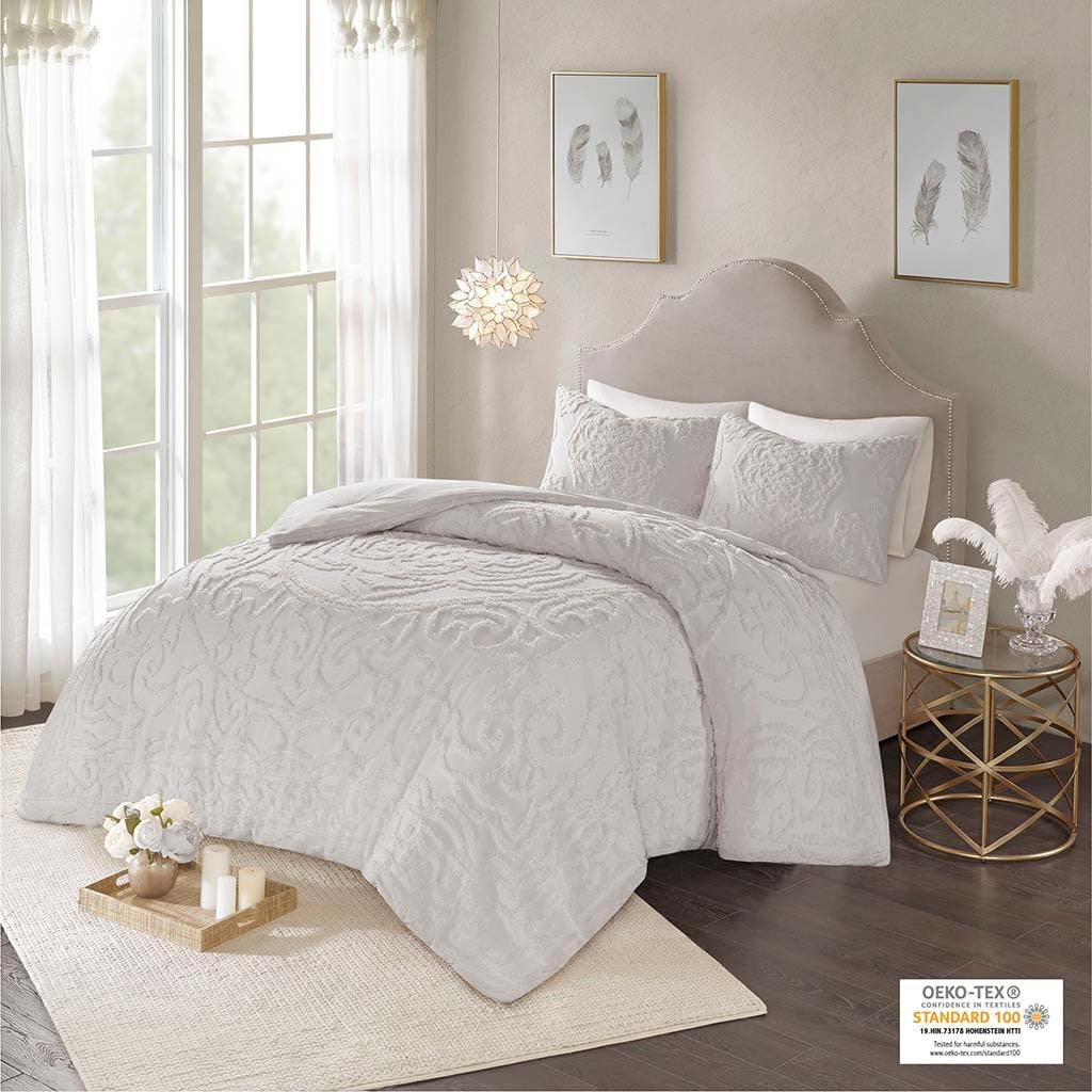 3-Piece Tufted Cotton Chenille Medallion Comforter Set Grey Full/Queen