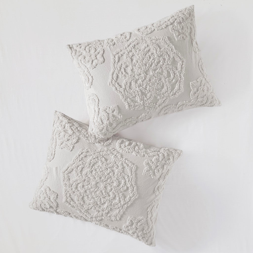3-Piece Tufted Cotton Chenille Medallion Comforter Set Grey Full/Queen