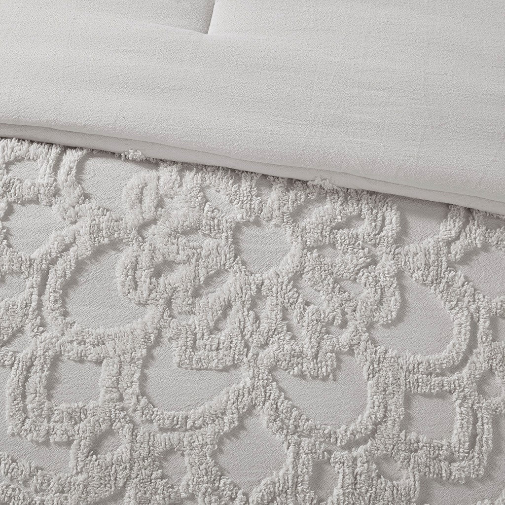 3-Piece Tufted Cotton Chenille Medallion Comforter Set Grey Full/Queen