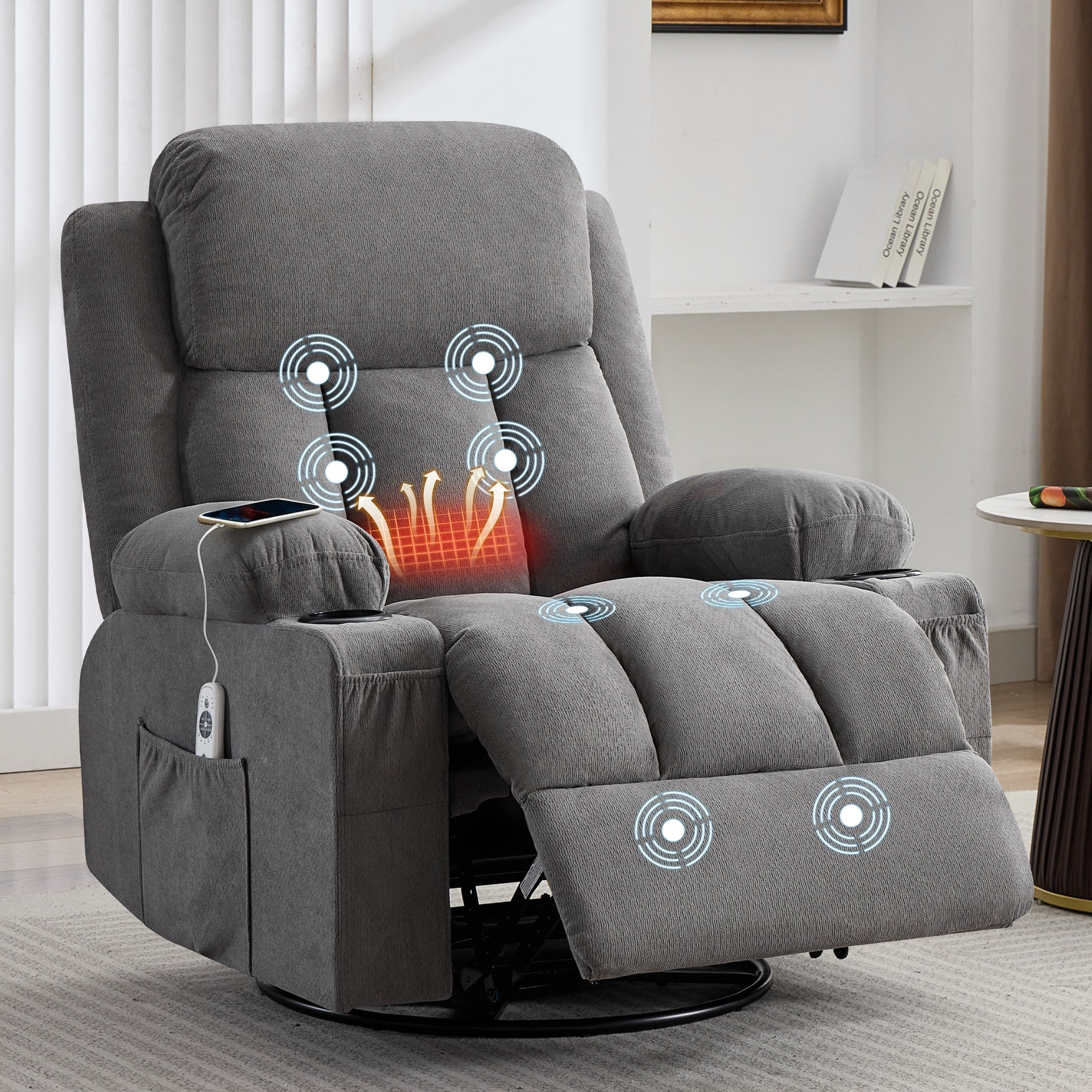 Swivel Rocker Recliner Chair with Vibration Massage and Heat for Living Room ,with Rocking Function and Side Pocket, USB Charge Port,2 cup holders