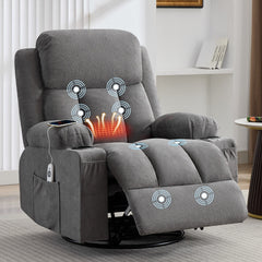Swivel Rocker Recliner Chair with Vibration Massage and Heat for Living Room ,with Rocking Function and Side Pocket, USB Charge Port,2 cup holders