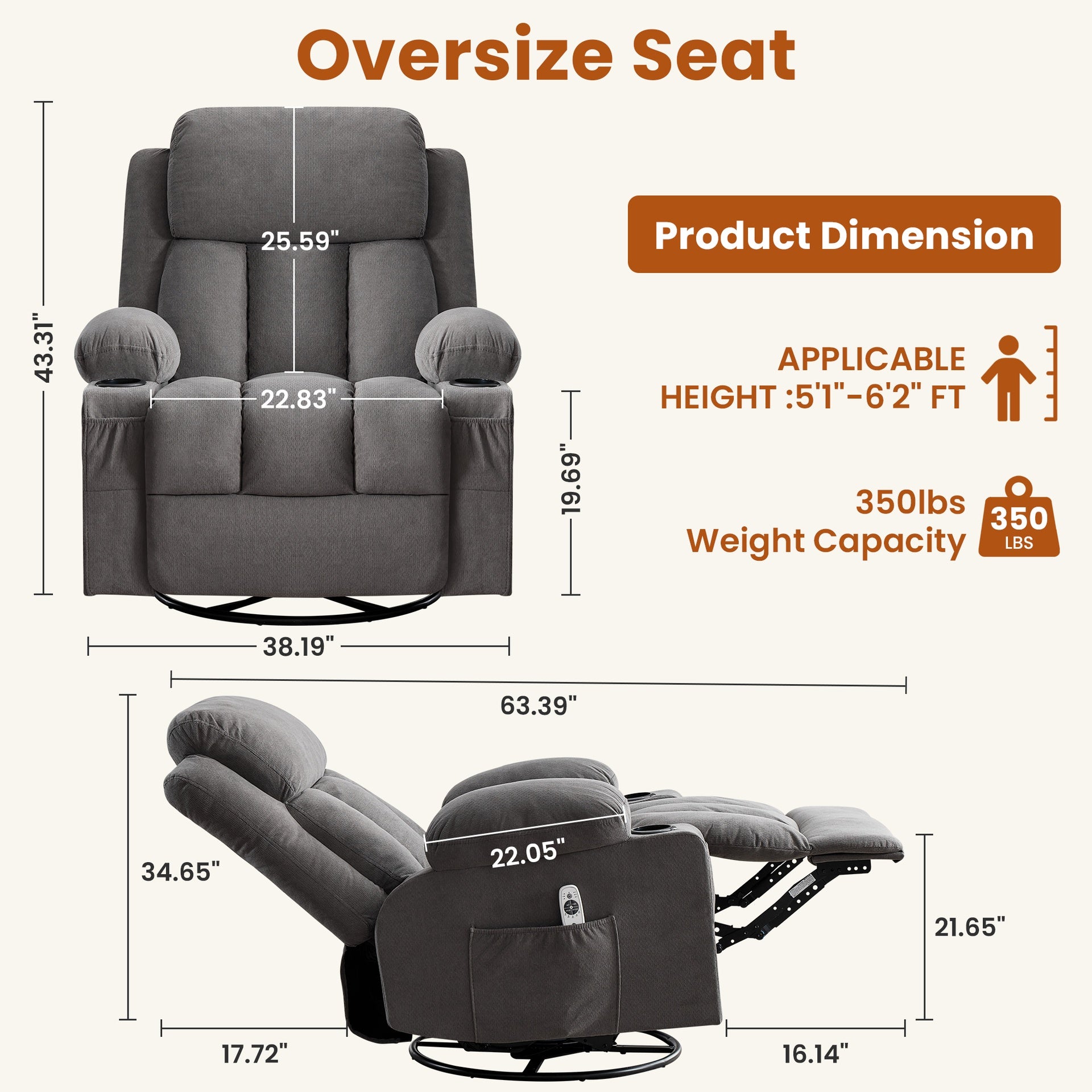 Swivel Rocker Recliner Chair with Vibration Massage and Heat for Living Room ,with Rocking Function and Side Pocket, USB Charge Port,2 cup holders