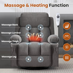Swivel Rocker Recliner Chair with Vibration Massage and Heat for Living Room ,with Rocking Function and Side Pocket, USB Charge Port,2 cup holders