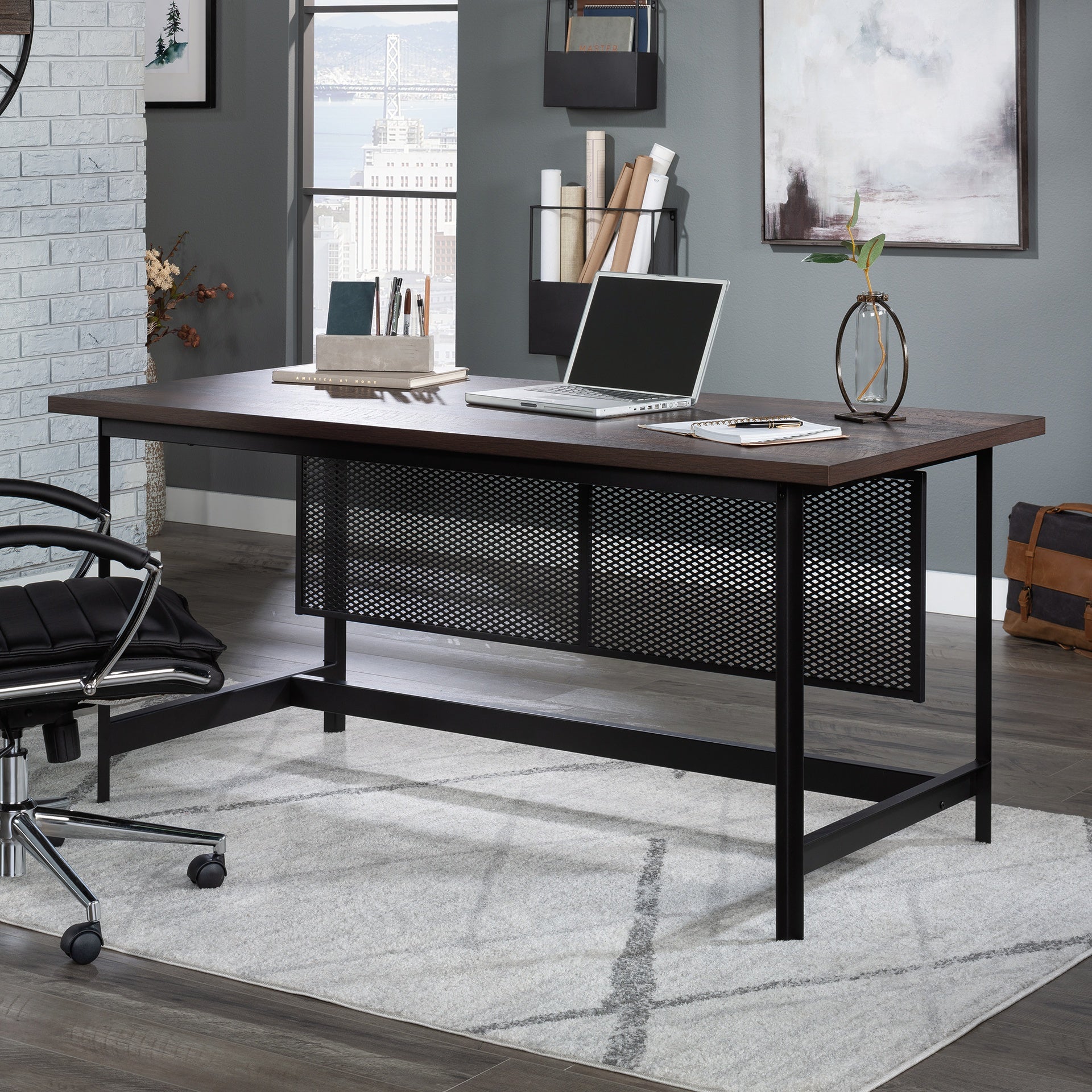 Industrial Table Desk with Spacious Work Surface, Brown finish
